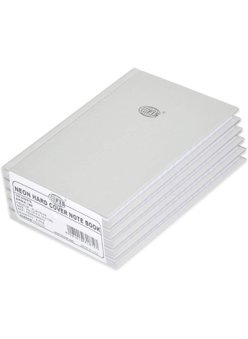 FIS 5-Piece Neon Hard Cover Note Book, 100 Sheets, Single Line, A6 Size, Platinum Colour - FSNBA6N272 - Image 1